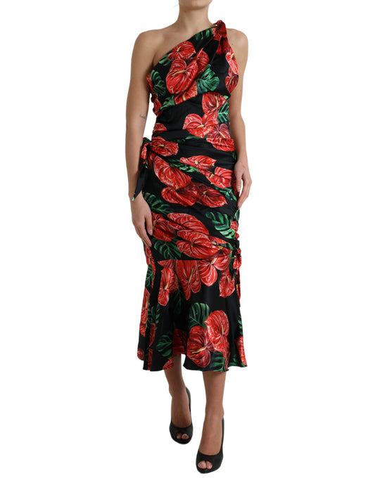 Dolce &amp; Gabbana Schwarzes, glänzendes, drapiertes Seidenkleid mit Blumendruck