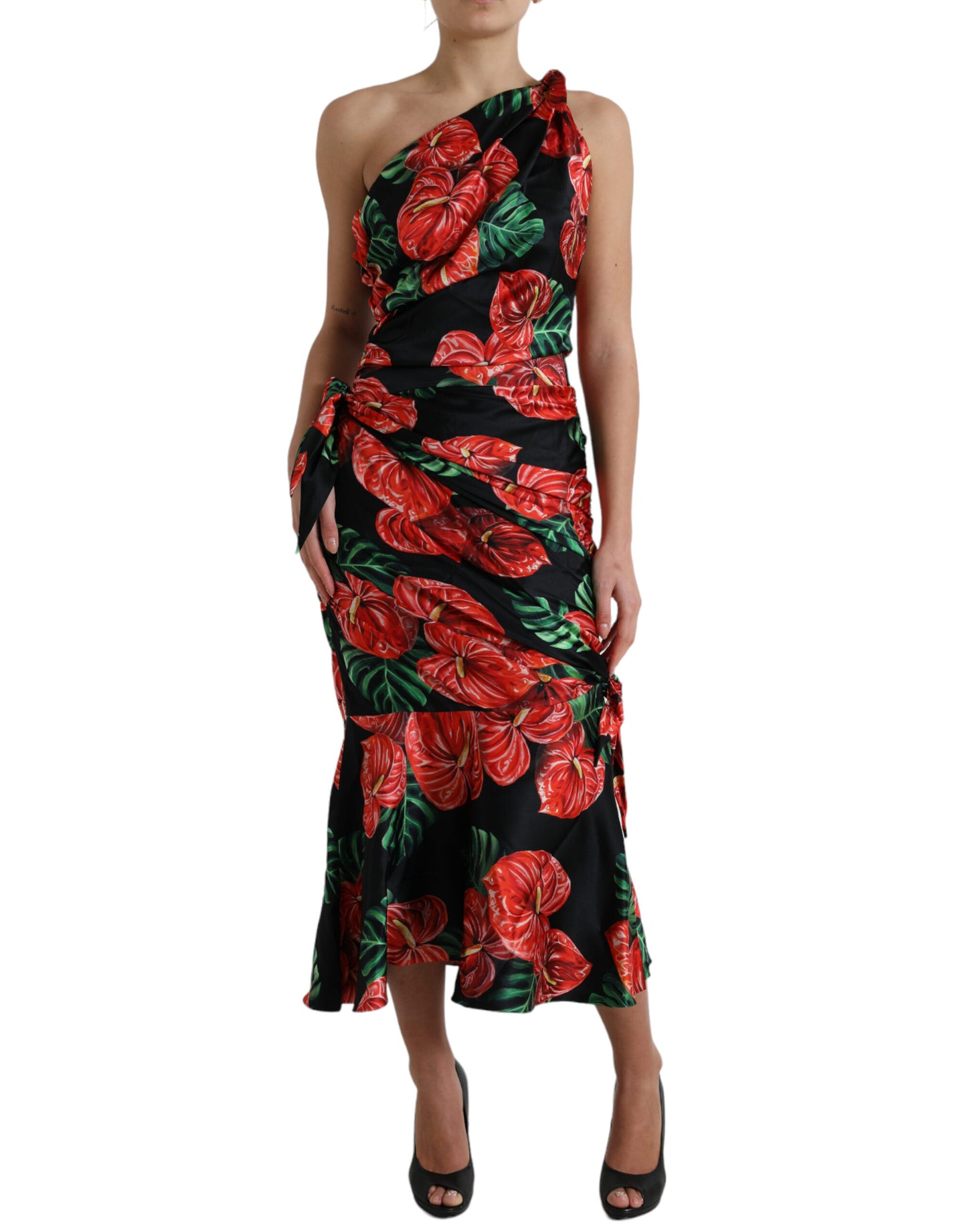 Dolce &amp; Gabbana Schwarzes, glänzendes, drapiertes Seidenkleid mit Blumendruck