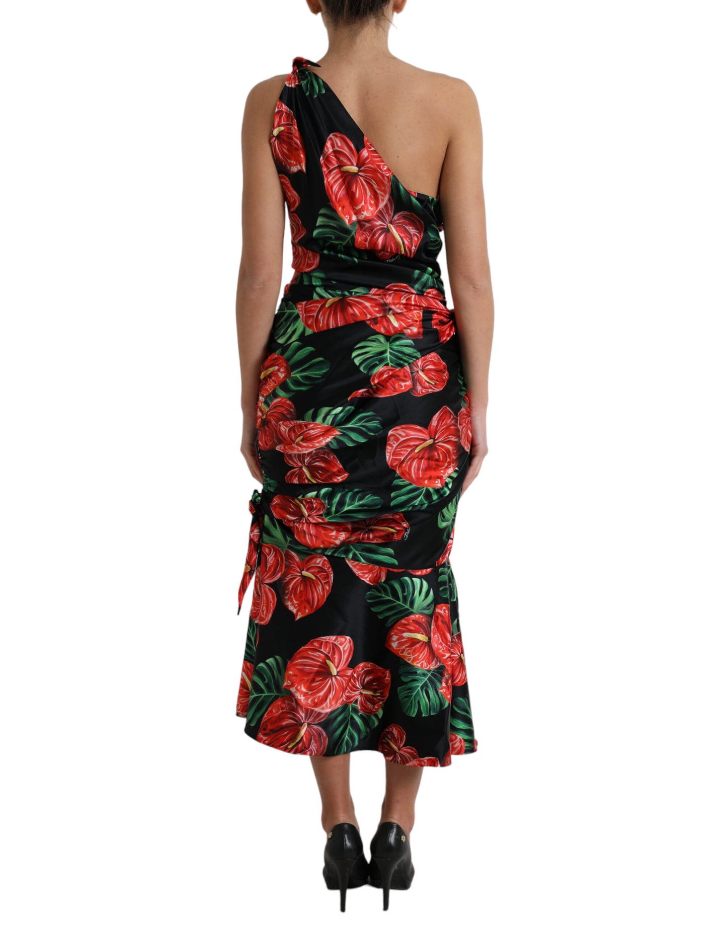 Dolce &amp; Gabbana Schwarzes, glänzendes, drapiertes Seidenkleid mit Blumendruck
