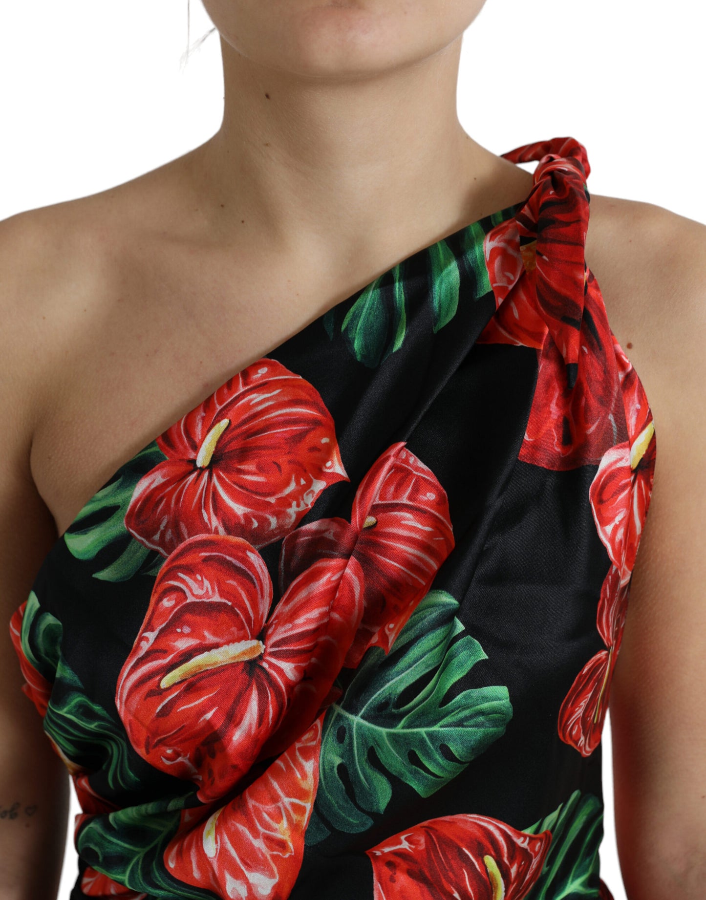 Dolce &amp; Gabbana Schwarzes, glänzendes, drapiertes Seidenkleid mit Blumendruck