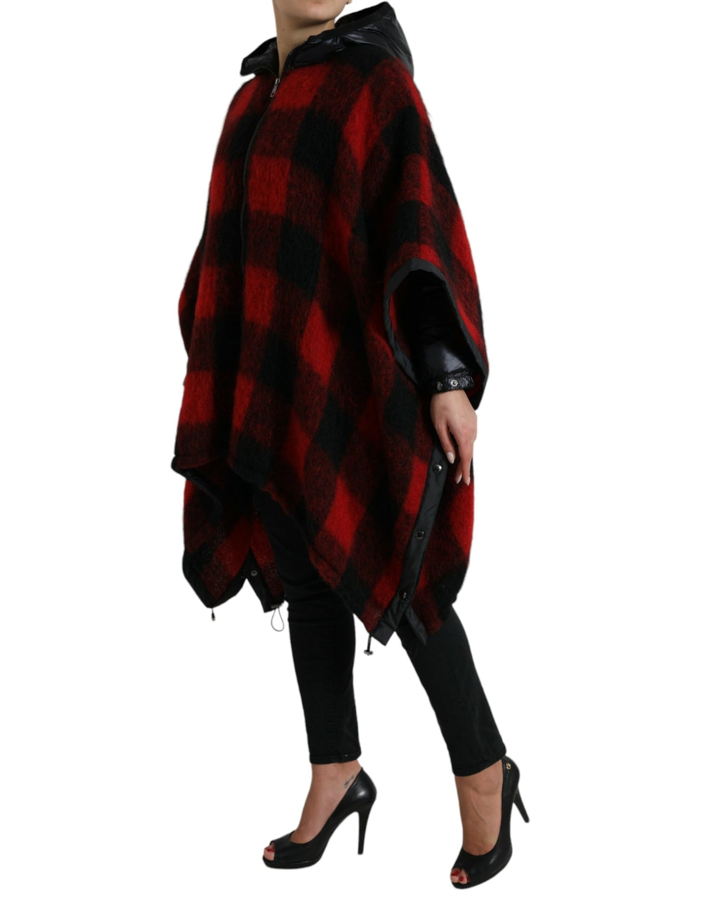 Veste poncho à capuche à carreaux de buffle noir et rouge Dolce &amp; Gabbana