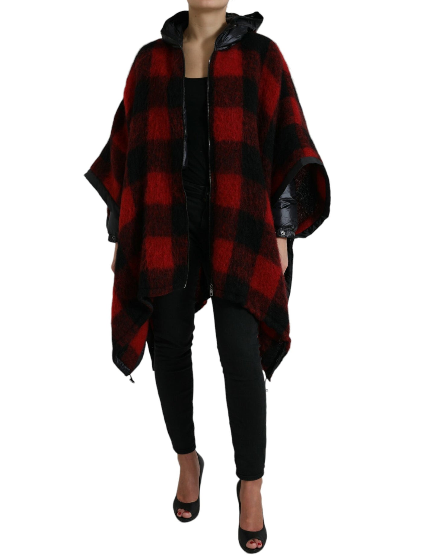 Veste poncho à capuche à carreaux de buffle noir et rouge Dolce &amp; Gabbana