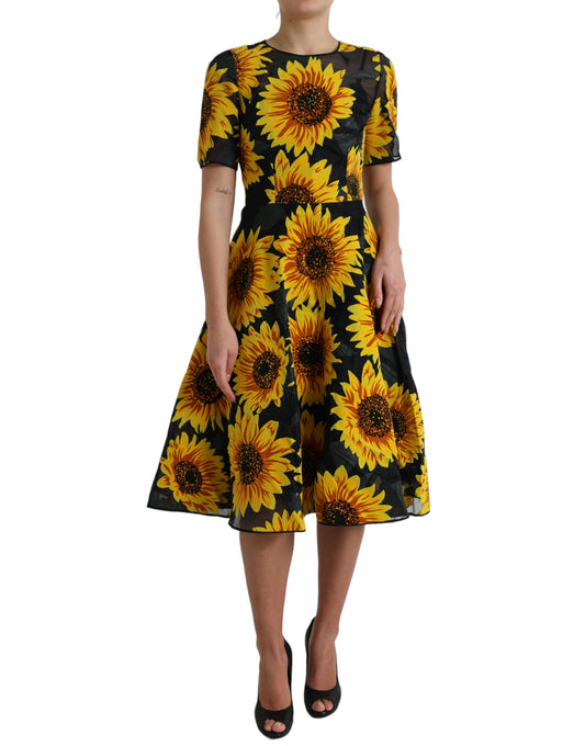 Robe mi-longue trapèze en nylon noir à imprimé tournesol Dolce &amp; Gabbana