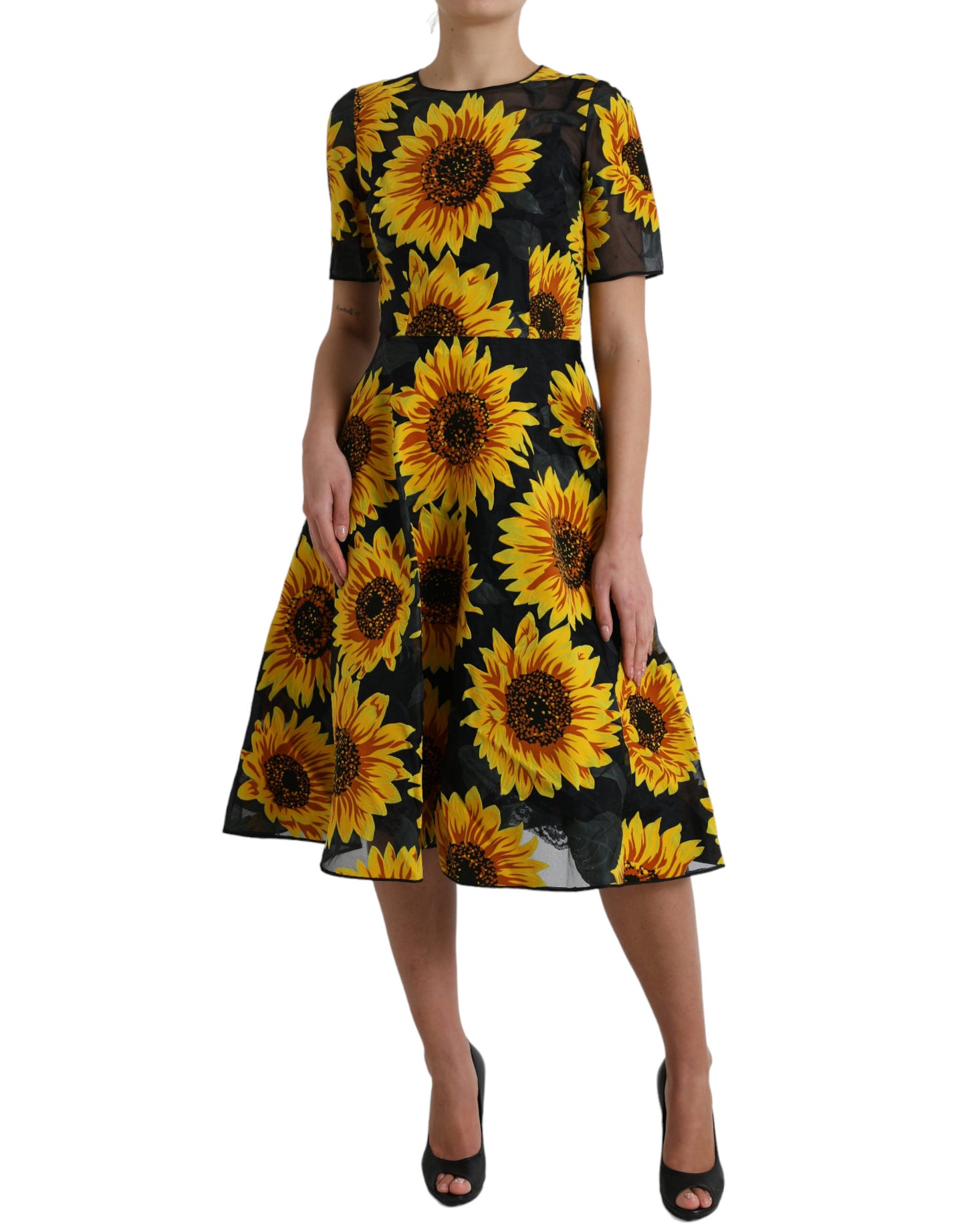 Robe mi-longue trapèze en nylon noir à imprimé tournesol Dolce &amp; Gabbana