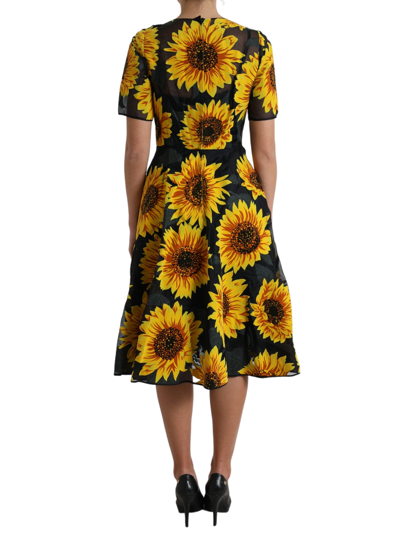 Robe mi-longue trapèze en nylon noir à imprimé tournesol Dolce &amp; Gabbana