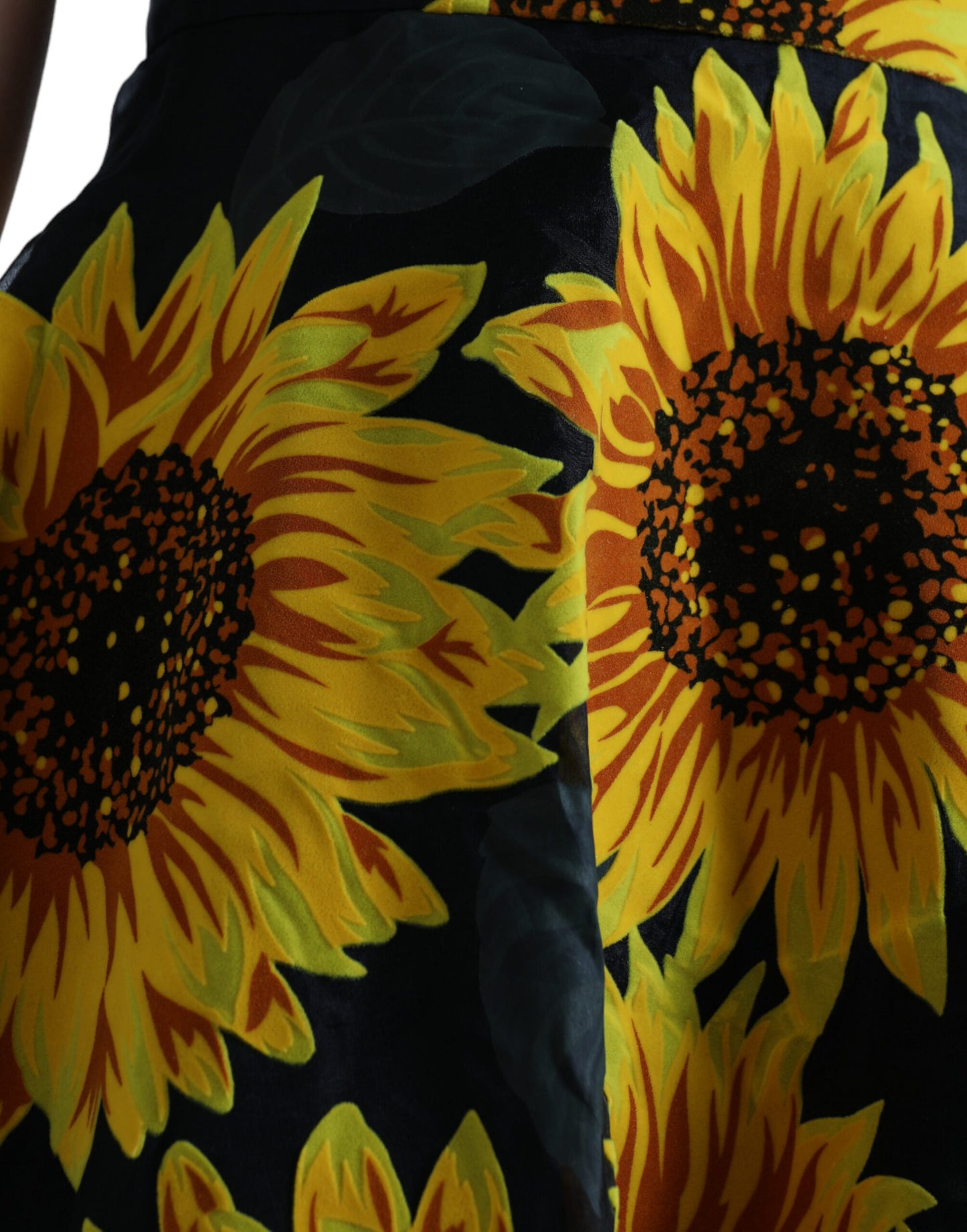 Robe mi-longue trapèze en nylon noir à imprimé tournesol Dolce &amp; Gabbana