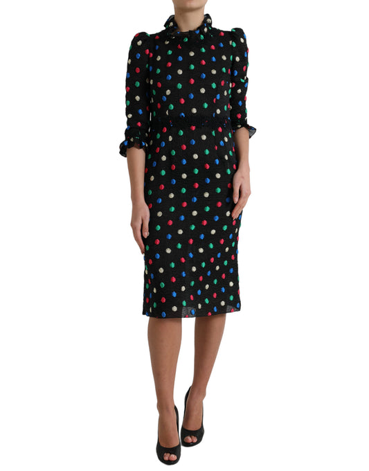 Robe midi noire à volants en coton à pois Dolce &amp; Gabbana