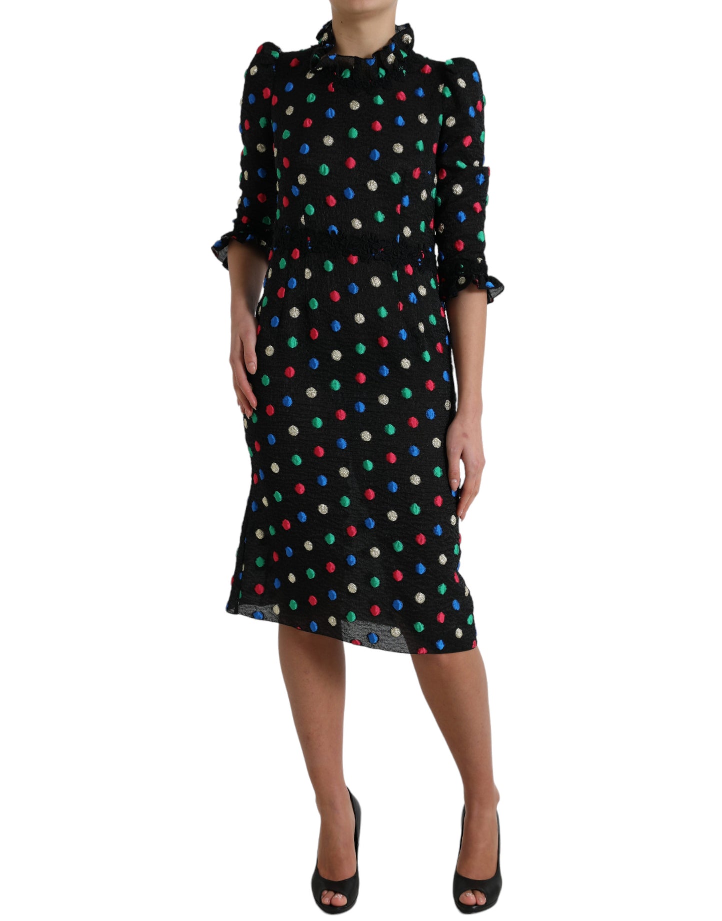 Robe midi noire à volants en coton à pois Dolce &amp; Gabbana