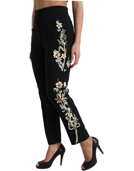 Pantalon fuselé taille haute à appliqués floraux noirs Dolce &amp; Gabbana