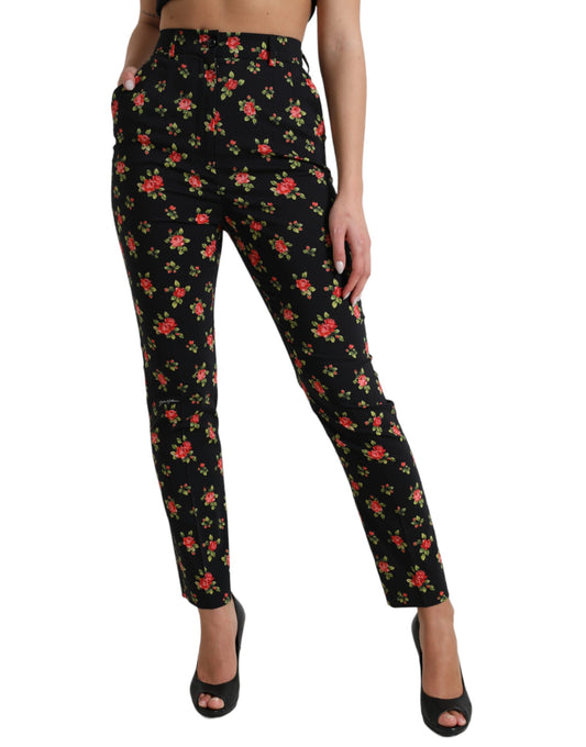 Dolce &amp; Gabbana – Schwarze, hoch taillierte Karottenhose aus Wolle mit Blumenmuster