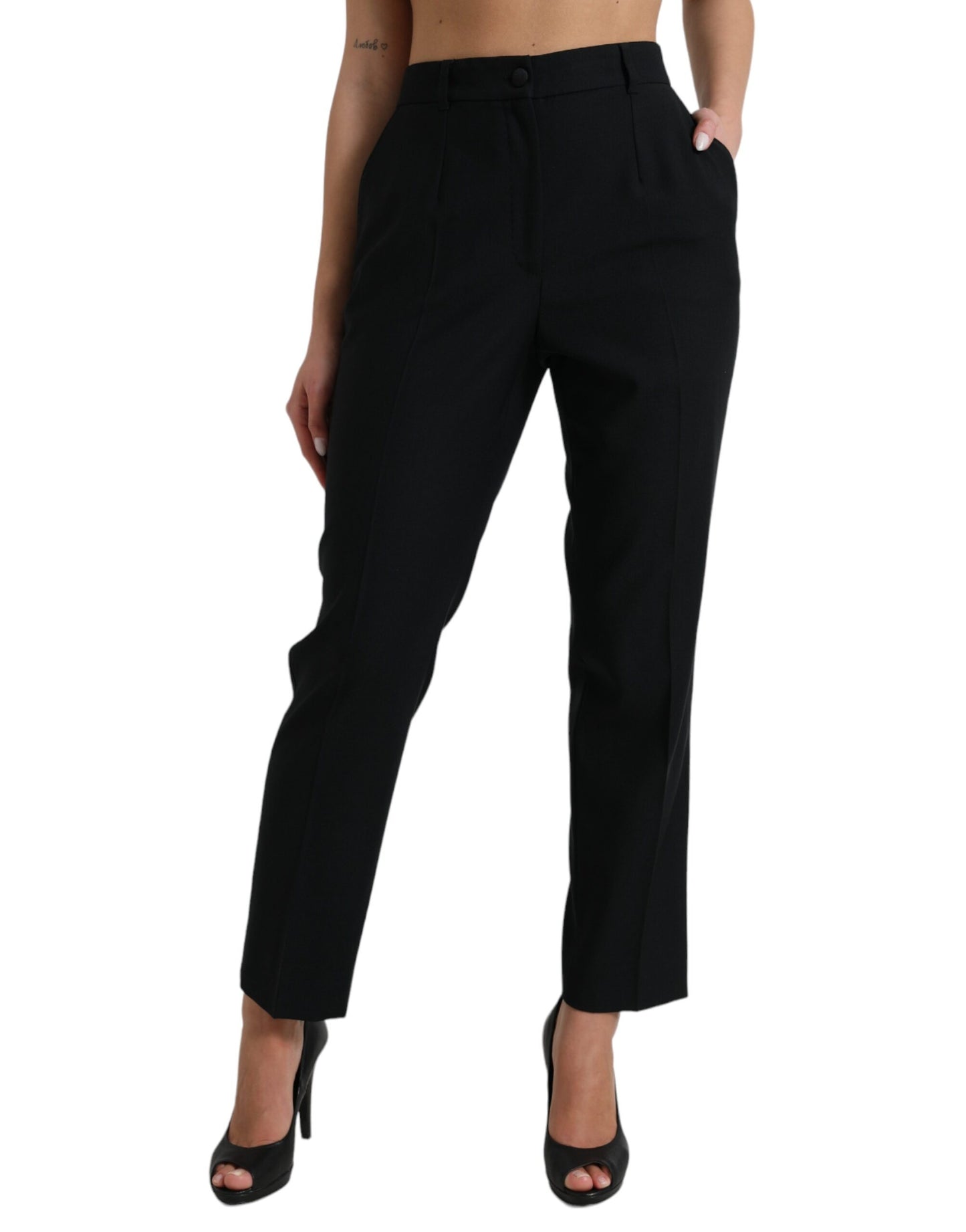 Pantalon droit taille haute en laine noire Dolce &amp; Gabbana