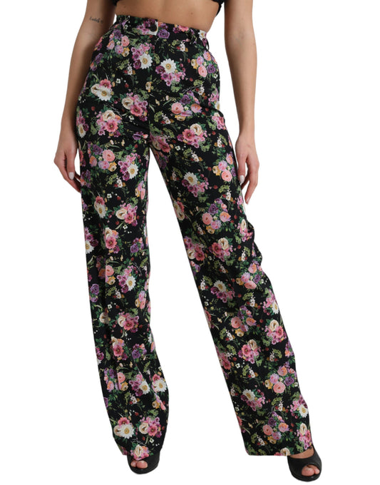 Dolce &amp; Gabbana – Schwarze Wollhose mit Blumenmuster und hoher Taille und weitem Bein