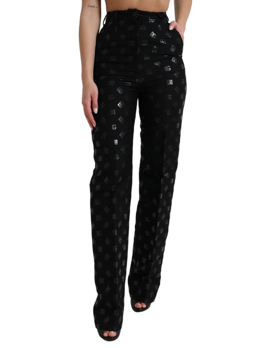 Pantalon droit taille haute en laine noire Dolce &amp; Gabbana avec logo DG