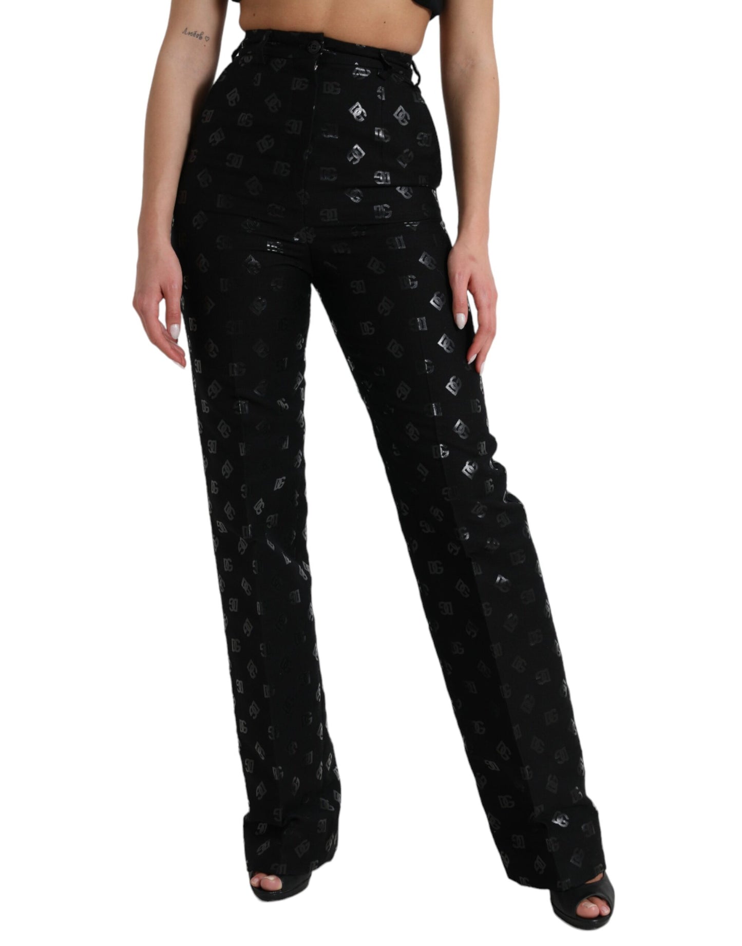 Pantalon droit taille haute en laine noire Dolce &amp; Gabbana avec logo DG