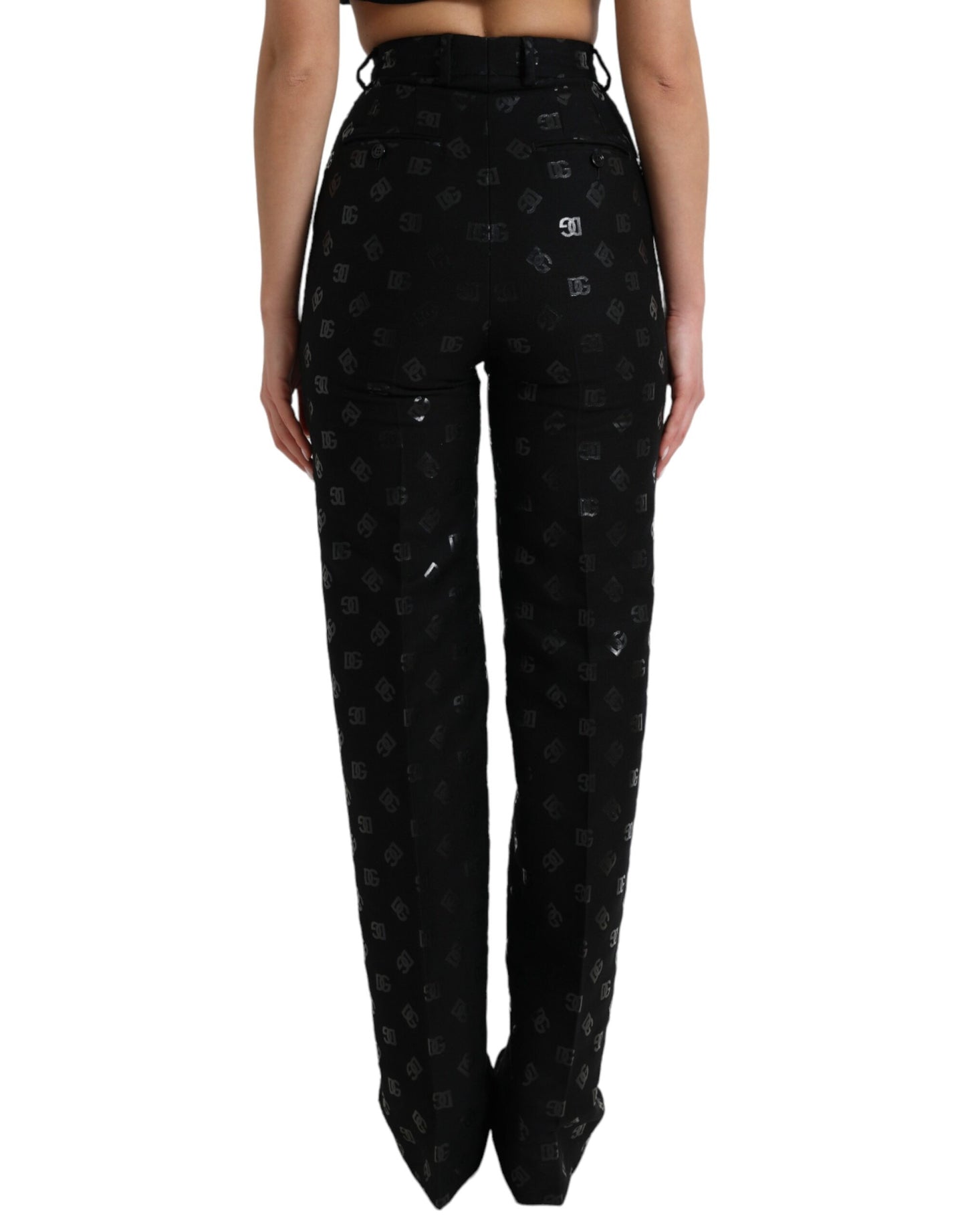 Pantalon droit taille haute en laine noire Dolce &amp; Gabbana avec logo DG