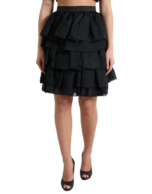 Mini-jupe taille haute en soie noire à volants Dolce &amp; Gabbana