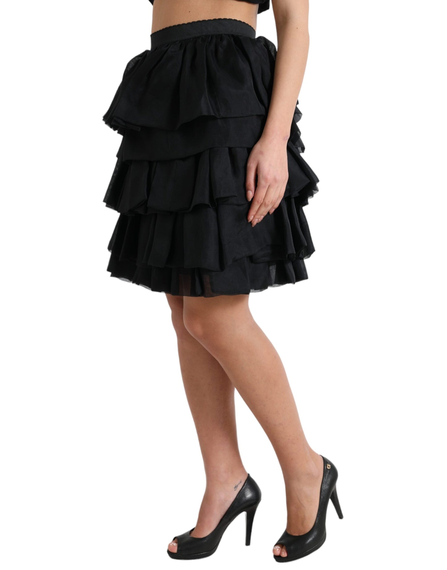Mini-jupe taille haute en soie noire à volants Dolce &amp; Gabbana
