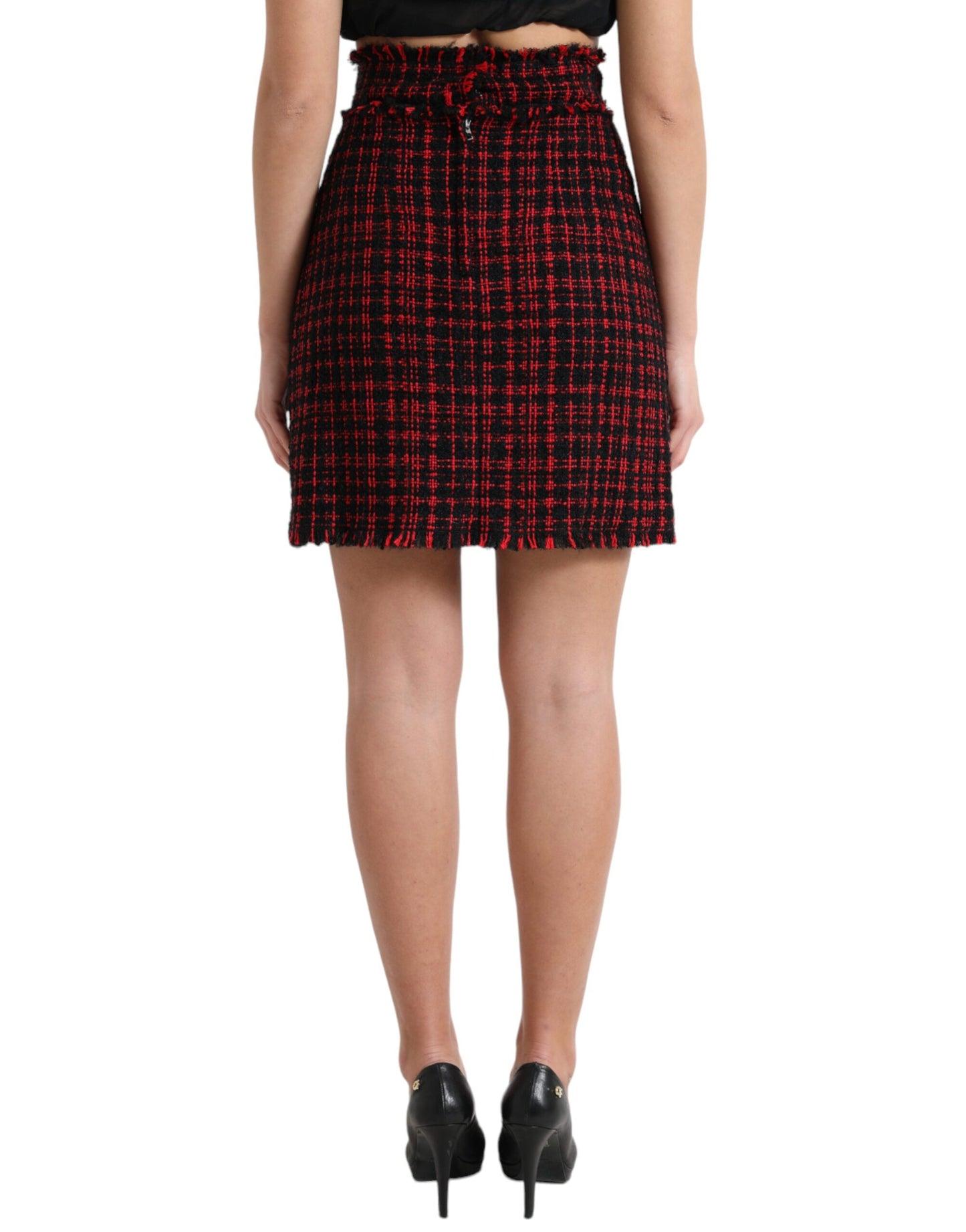 Mini-jupe taille haute en tweed tartan de coton noir et rouge Dolce &amp; Gabbana