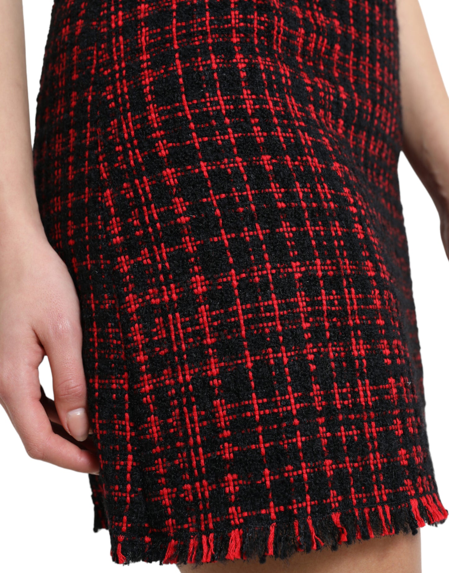 Mini-jupe taille haute en tweed tartan de coton noir et rouge Dolce &amp; Gabbana