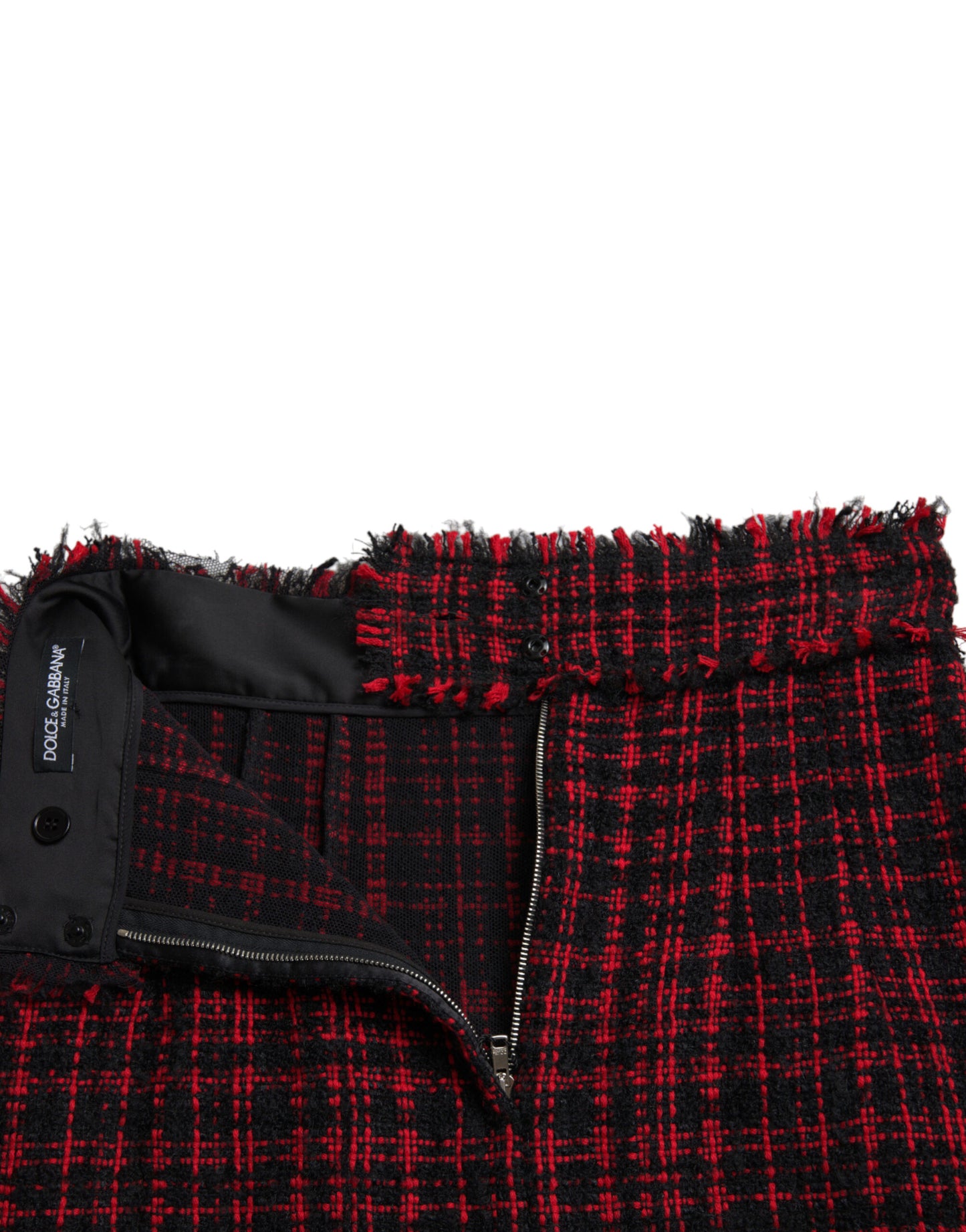 Mini-jupe taille haute en tweed tartan de coton noir et rouge Dolce &amp; Gabbana