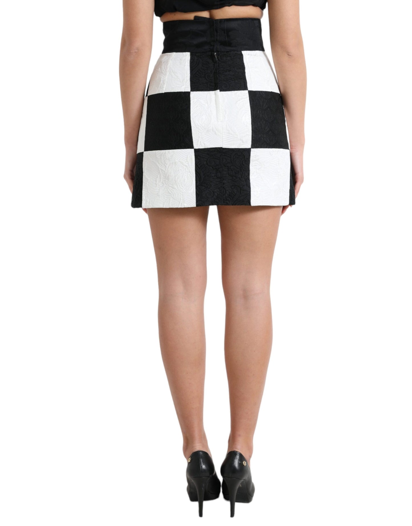 Jupe taille haute en brocart floral noir et blanc Dolce &amp; Gabbana
