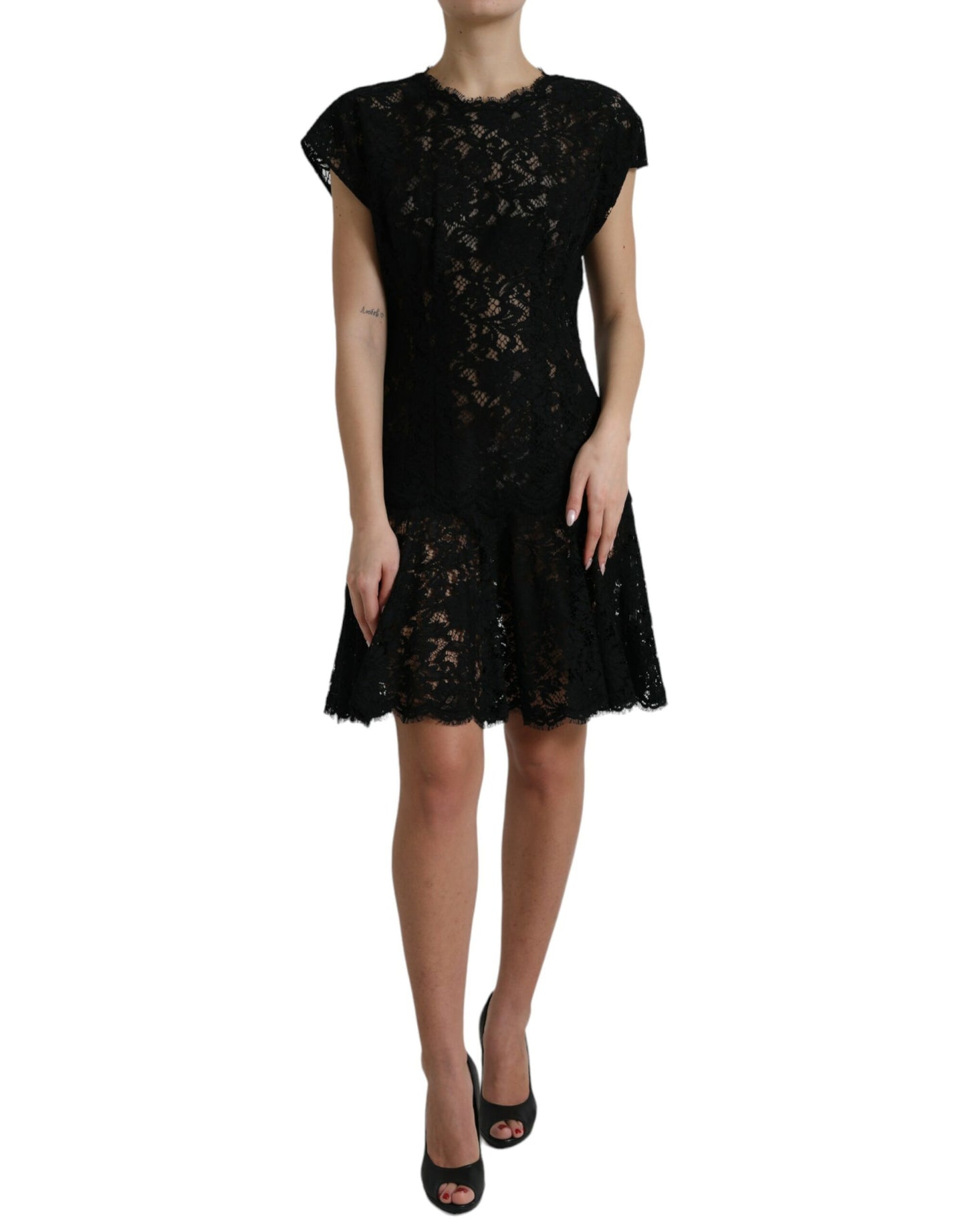Robe courte trapèze en coton et dentelle florale noire Dolce &amp; Gabbana