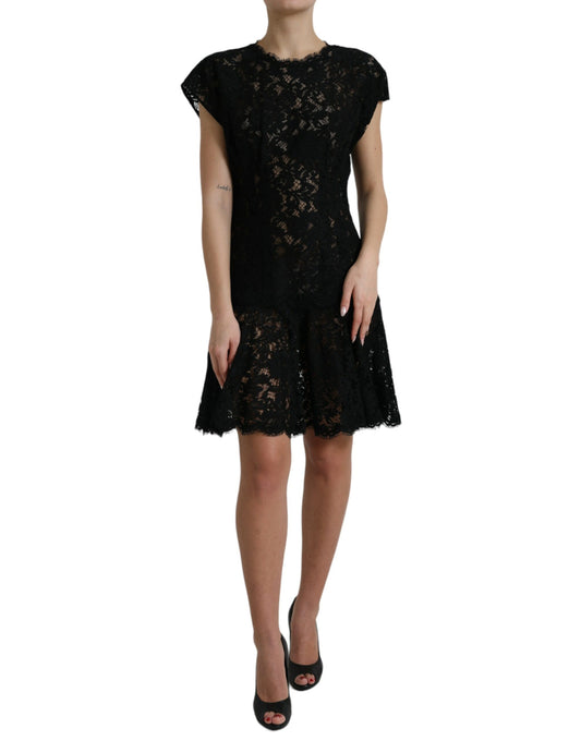 Robe courte trapèze en coton et dentelle florale noire Dolce &amp; Gabbana