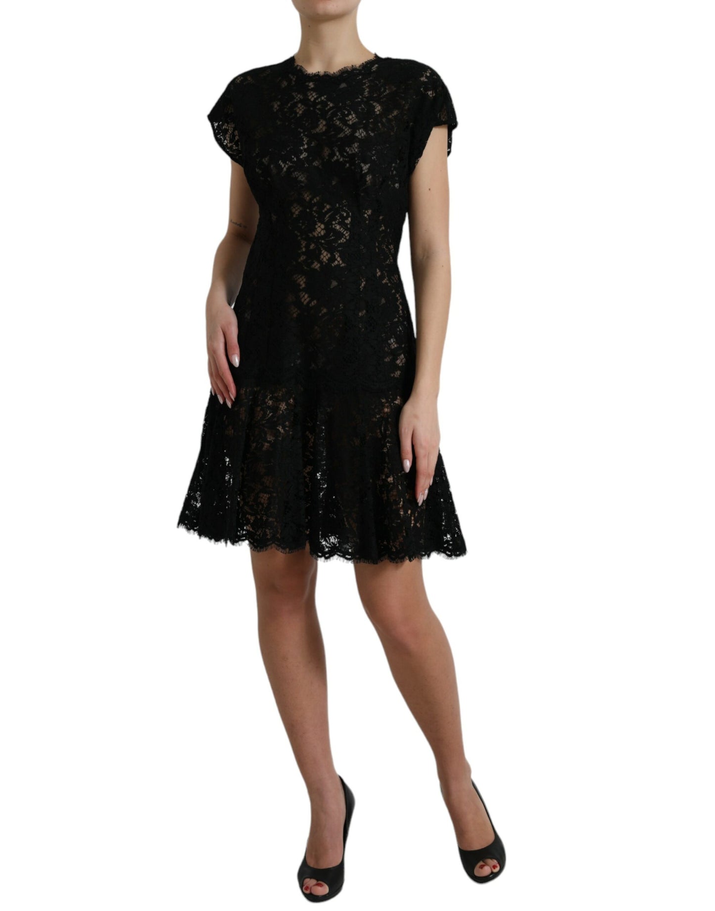 Robe courte trapèze en coton et dentelle florale noire Dolce &amp; Gabbana