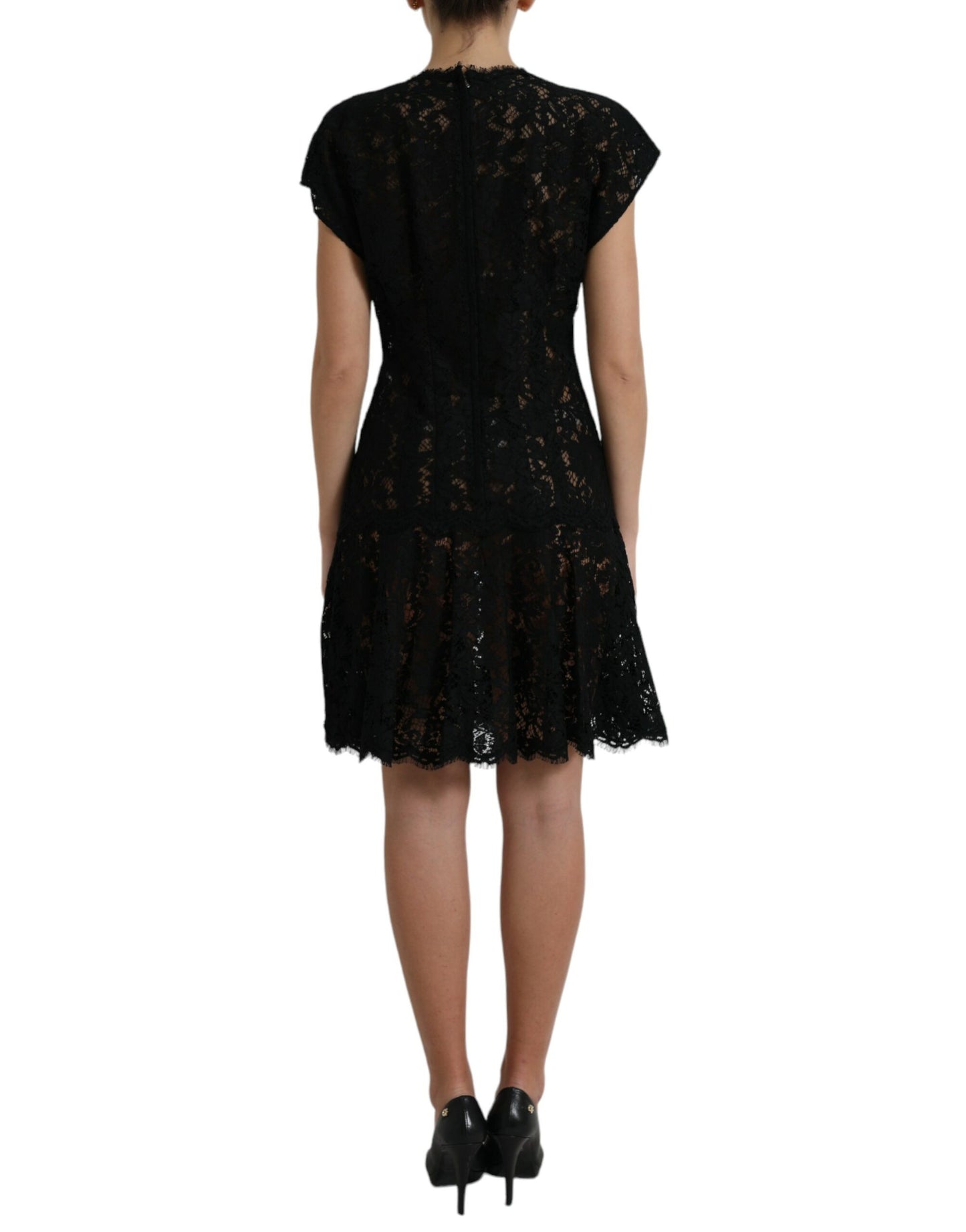 Robe courte trapèze en coton et dentelle florale noire Dolce &amp; Gabbana