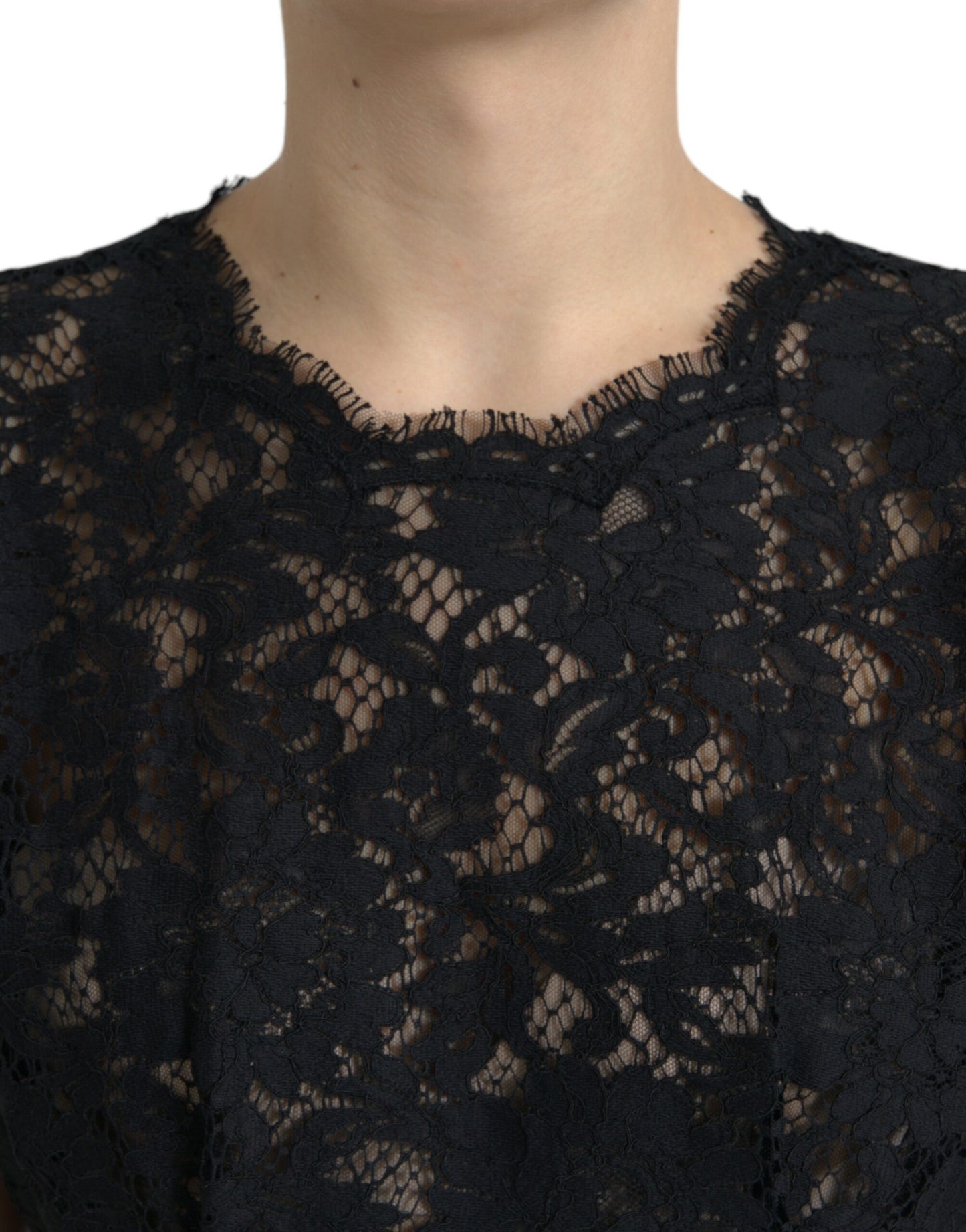 Robe courte trapèze en coton et dentelle florale noire Dolce &amp; Gabbana
