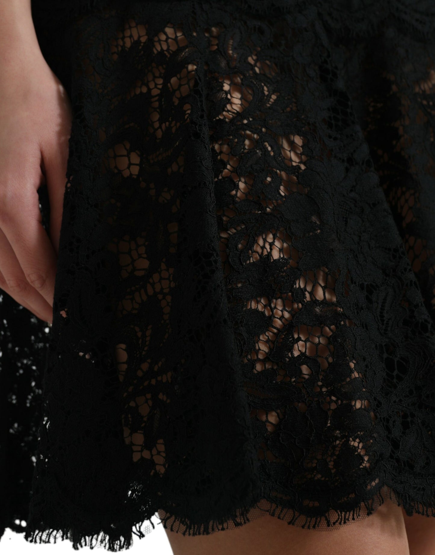 Robe courte trapèze en coton et dentelle florale noire Dolce &amp; Gabbana