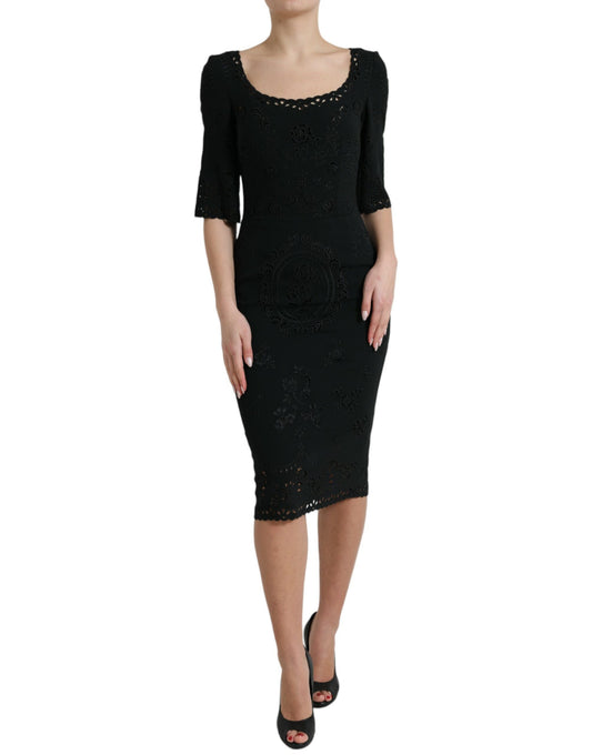 Robe mi-longue moulante en viscose et dentelle florale noire Dolce &amp; Gabbana