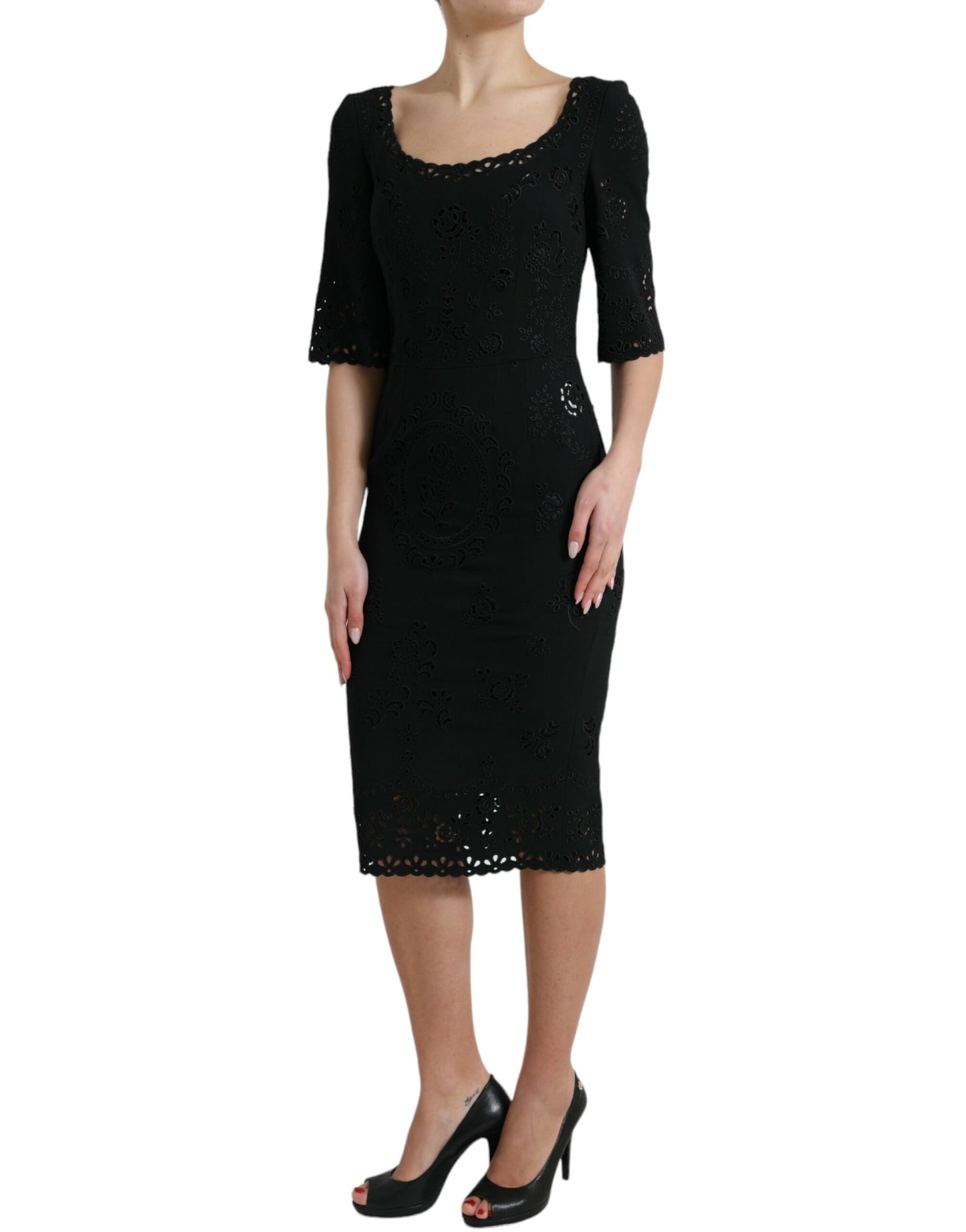 Robe mi-longue moulante en viscose et dentelle florale noire Dolce &amp; Gabbana