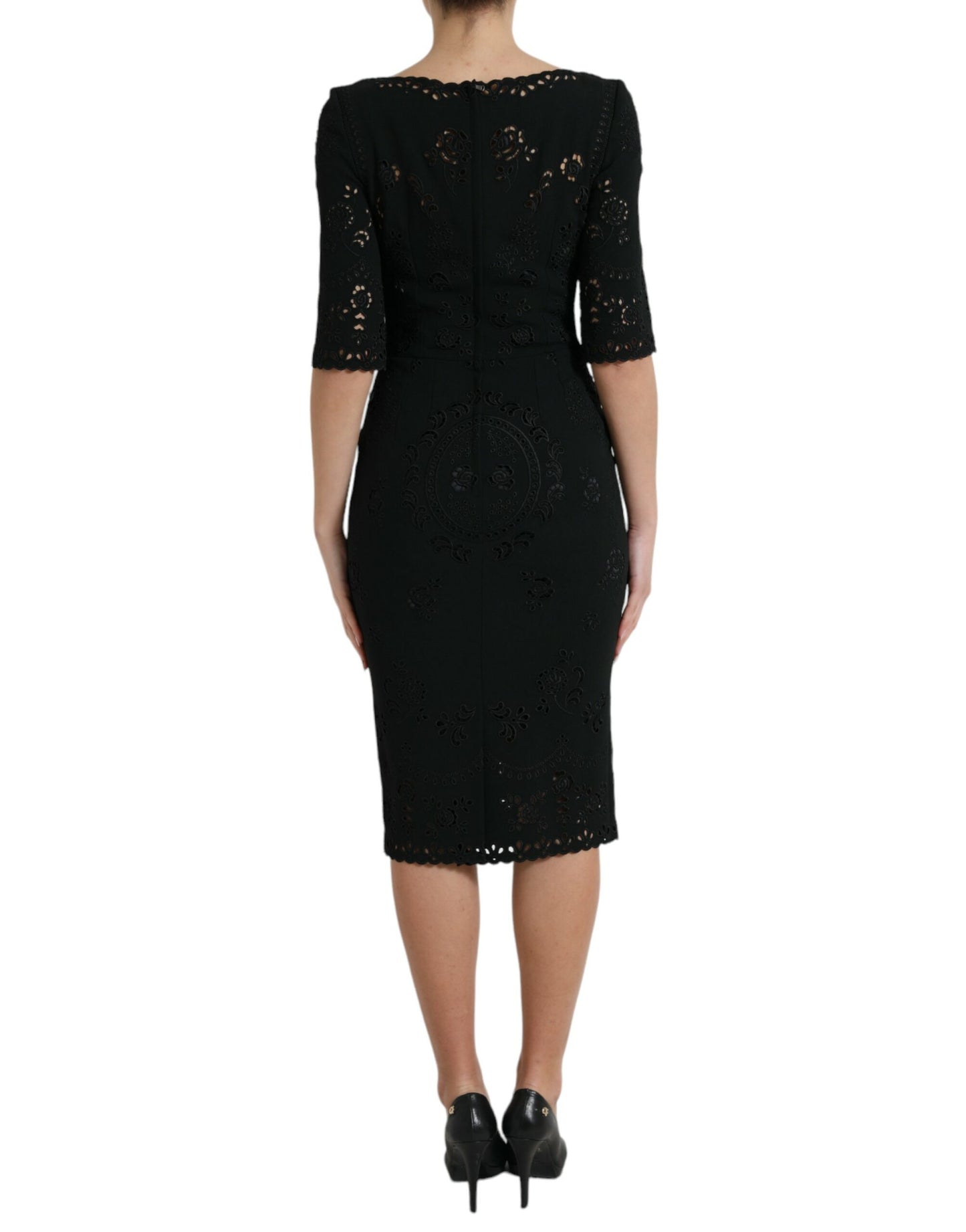 Robe mi-longue moulante en viscose et dentelle florale noire Dolce &amp; Gabbana