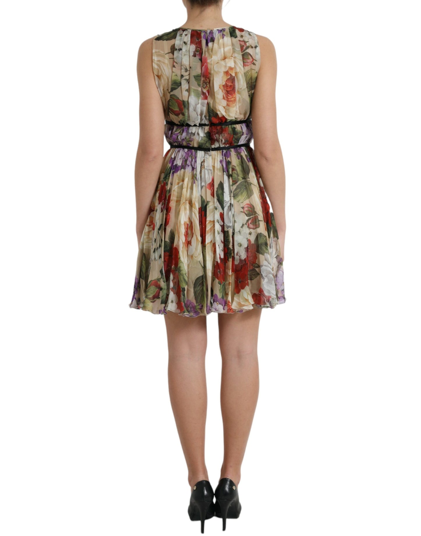 Robe courte trapèze sans manches à fleurs beige Dolce &amp; Gabbana