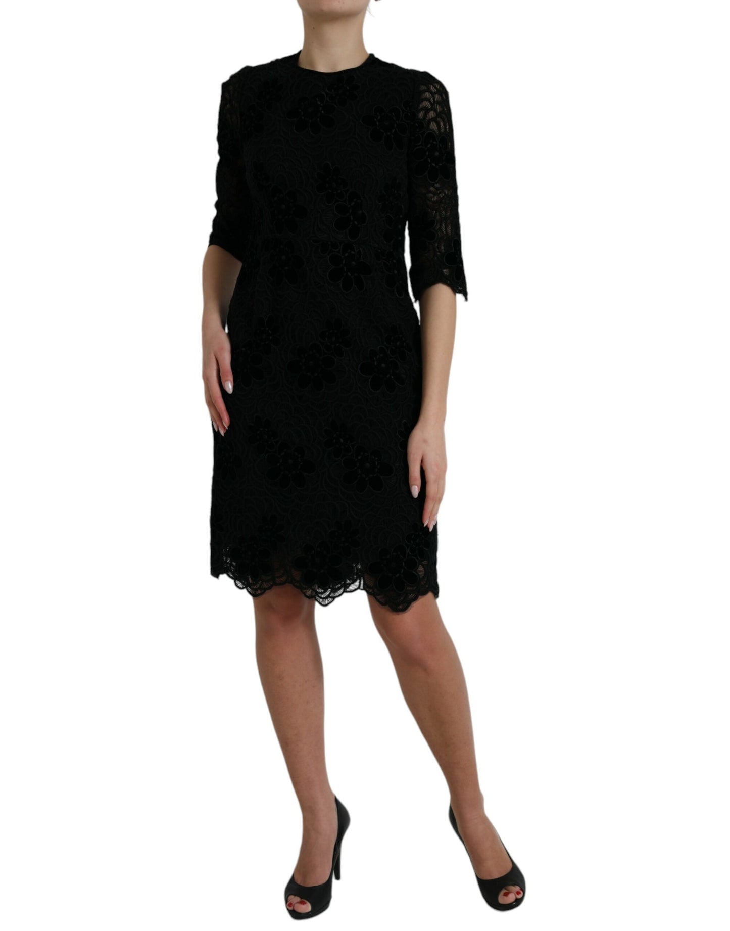 Robe moulante en coton et dentelle florale noire Dolce &amp; Gabbana