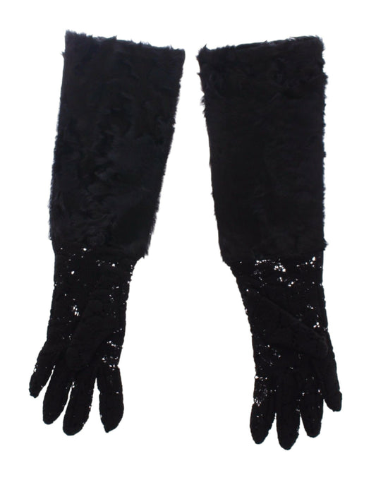 Gants de coude en laine et fourrure d'agneau noirs Dolce &amp; Gabbana