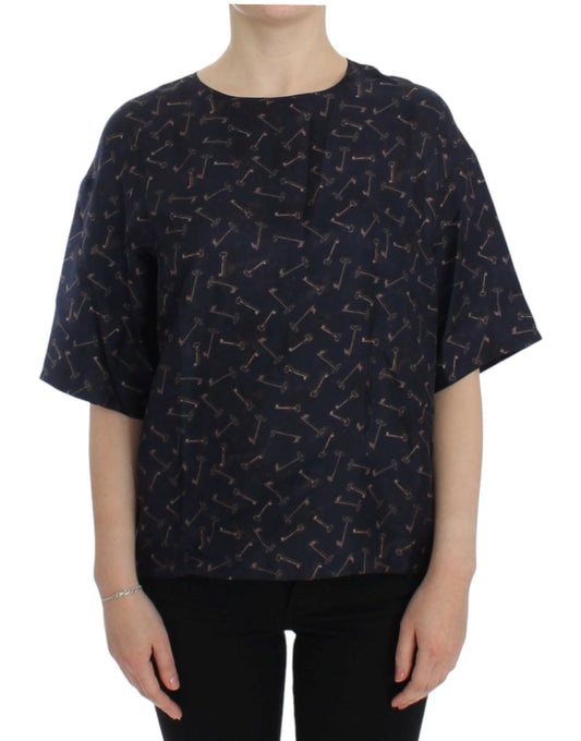Chemisier en soie imprimé clé dorée bleue Dolce &amp; Gabbana