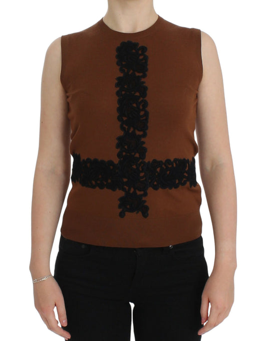 Pull sans manches en laine marron et dentelle noire Dolce &amp; Gabbana