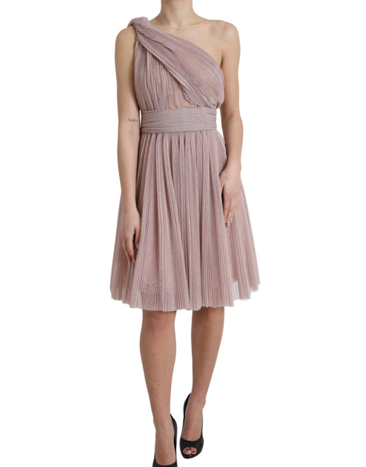 Dolce &amp; Gabbana – Rosafarbenes One-Shoulder-Kleid aus laméfarbenem Tüll mit Plissee