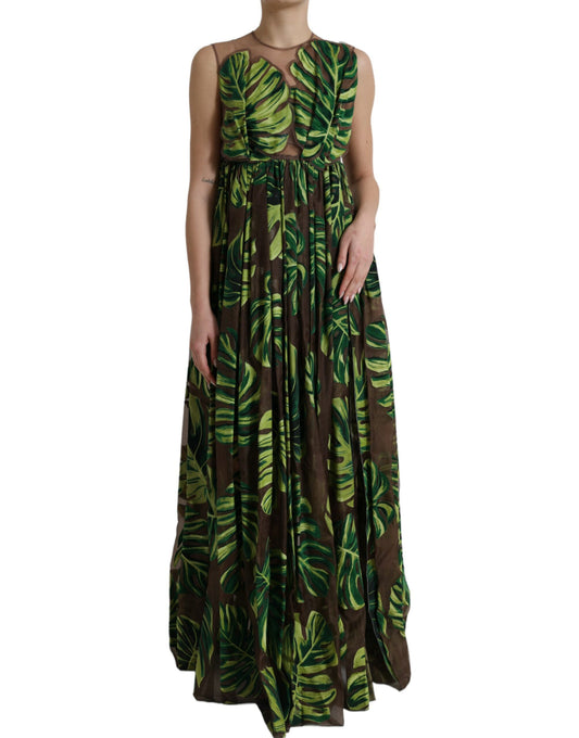 Robe longue sans manches à motif feuille de bananier vert Dolce &amp; Gabbana