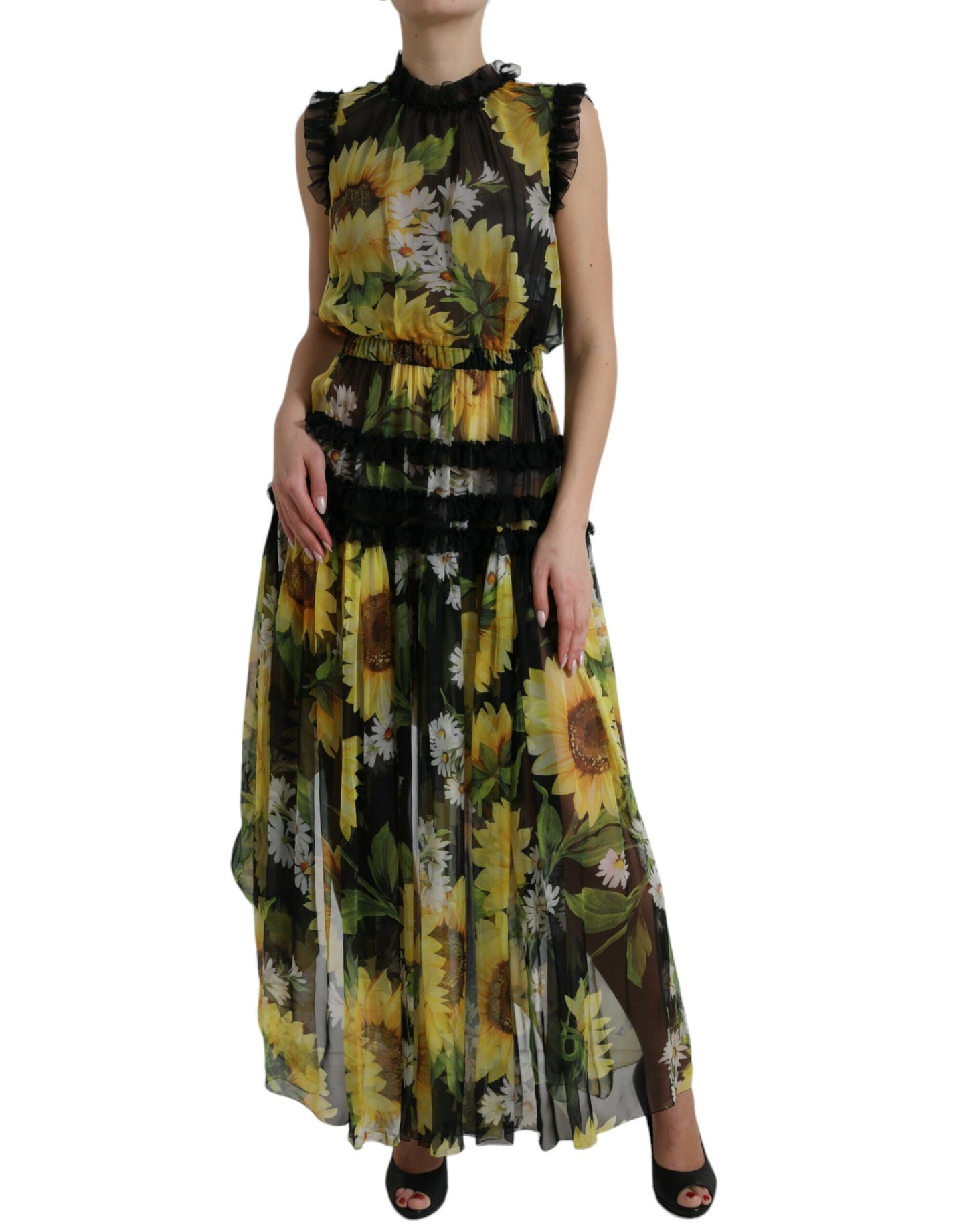 Robe longue plissée noire à imprimé tournesol Dolce &amp; Gabbana