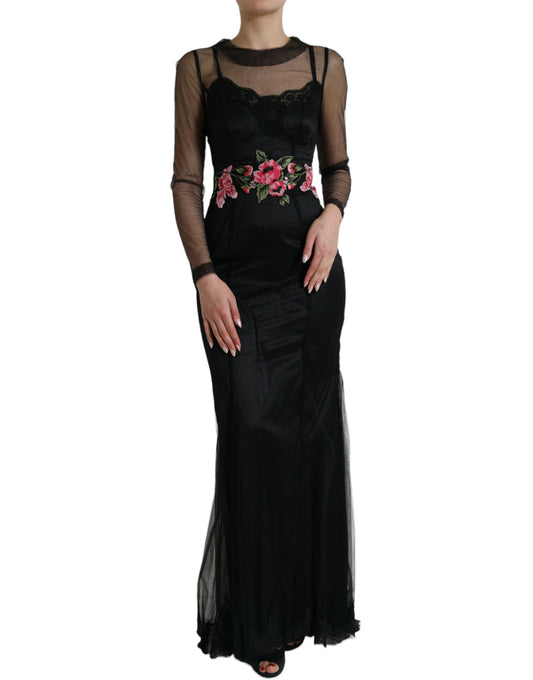 Robe longue en tulle et maille brodée de fleurs noires Dolce &amp; Gabbana