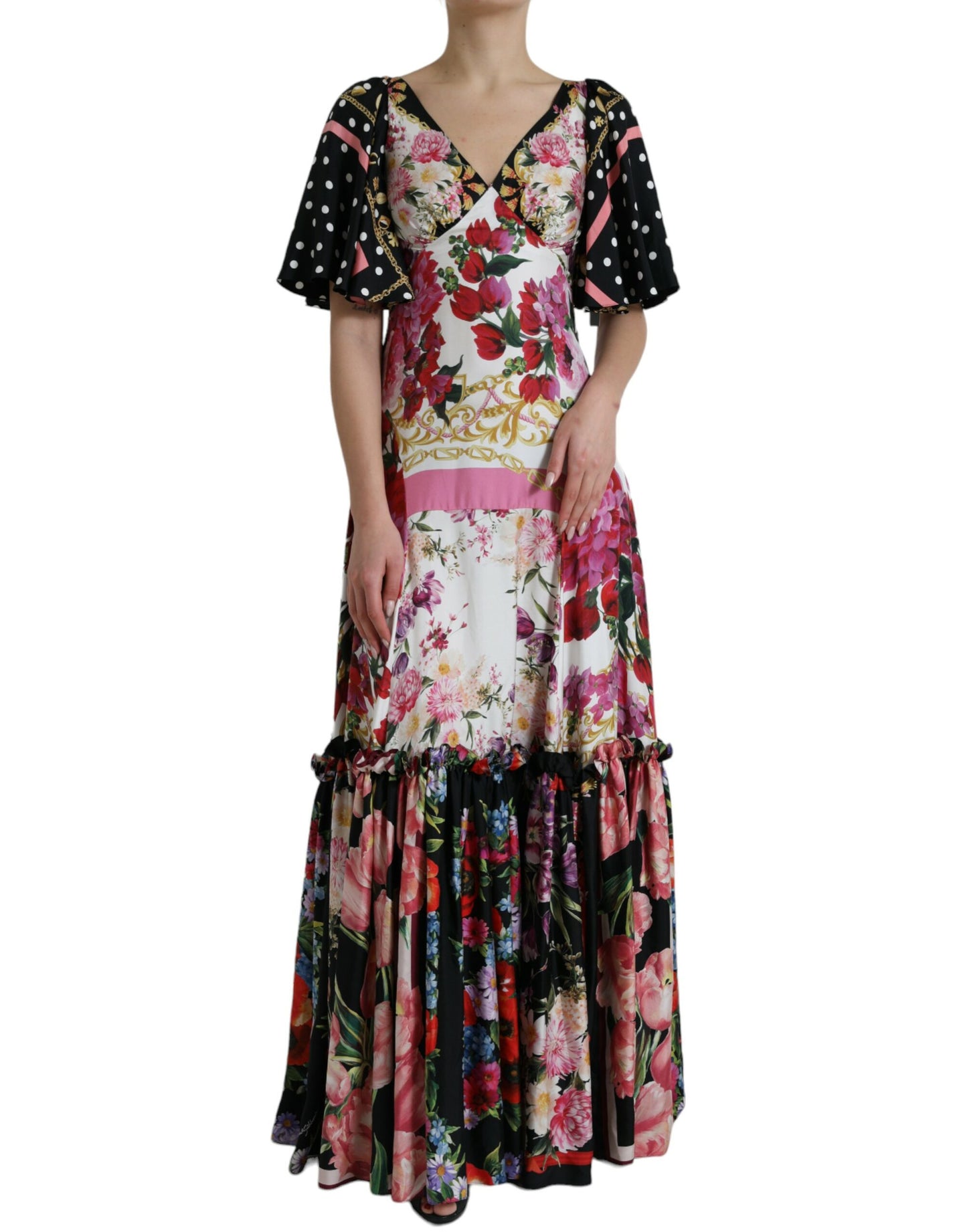 Robe longue en sergé de soie à imprimé floral multicolore Dolce &amp; Gabbana