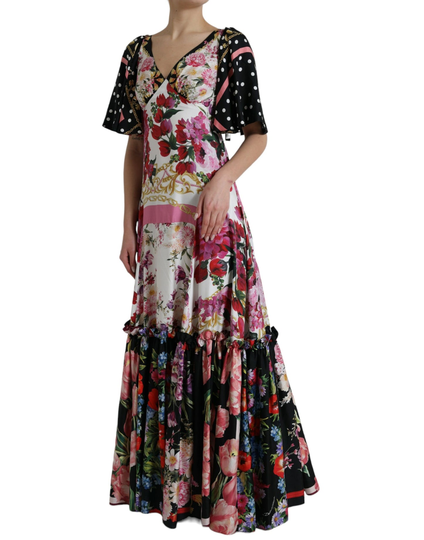 Robe longue en sergé de soie à imprimé floral multicolore Dolce &amp; Gabbana