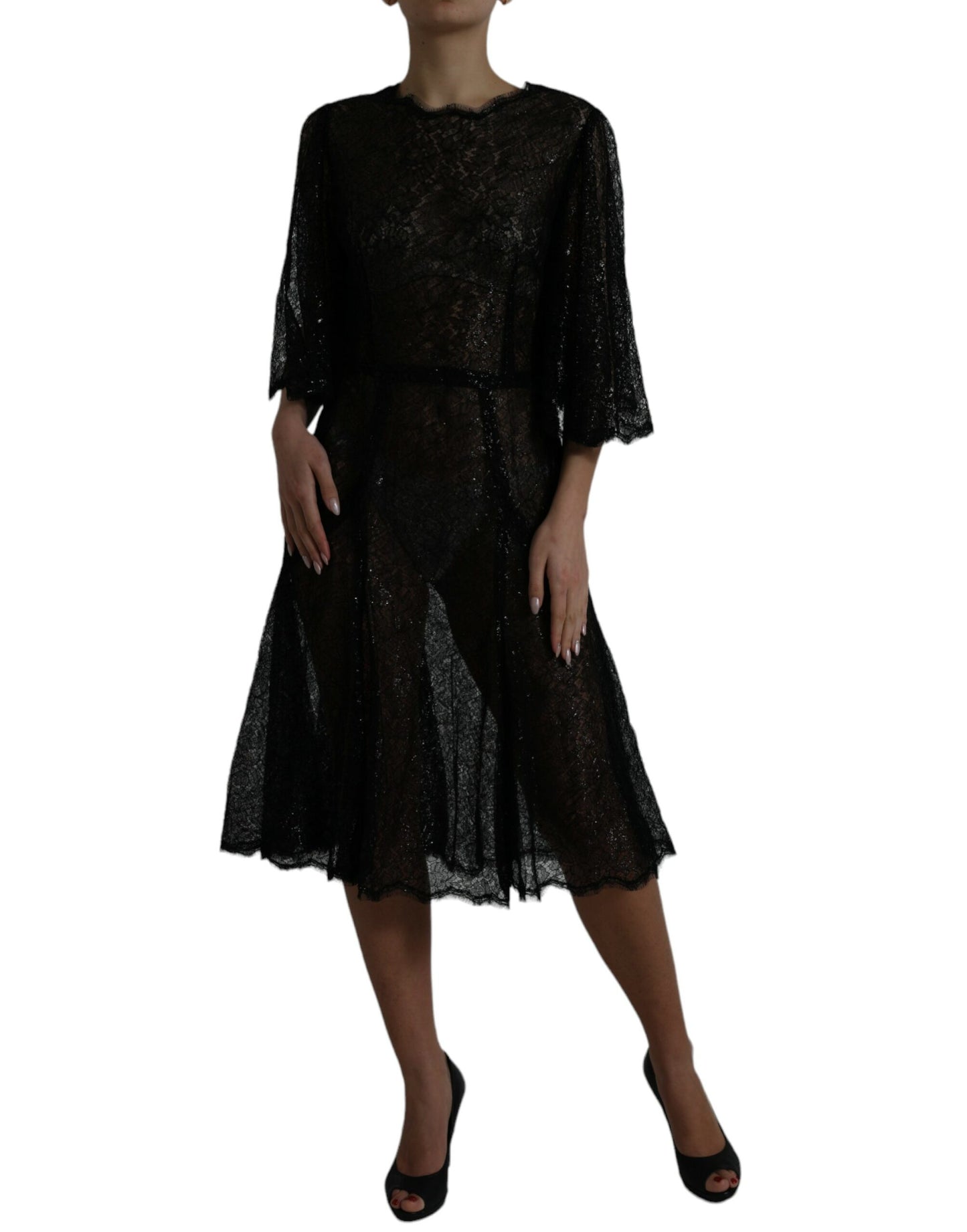 Robe mi-longue trapèze transparente en dentelle florale noire Dolce &amp; Gabbana
