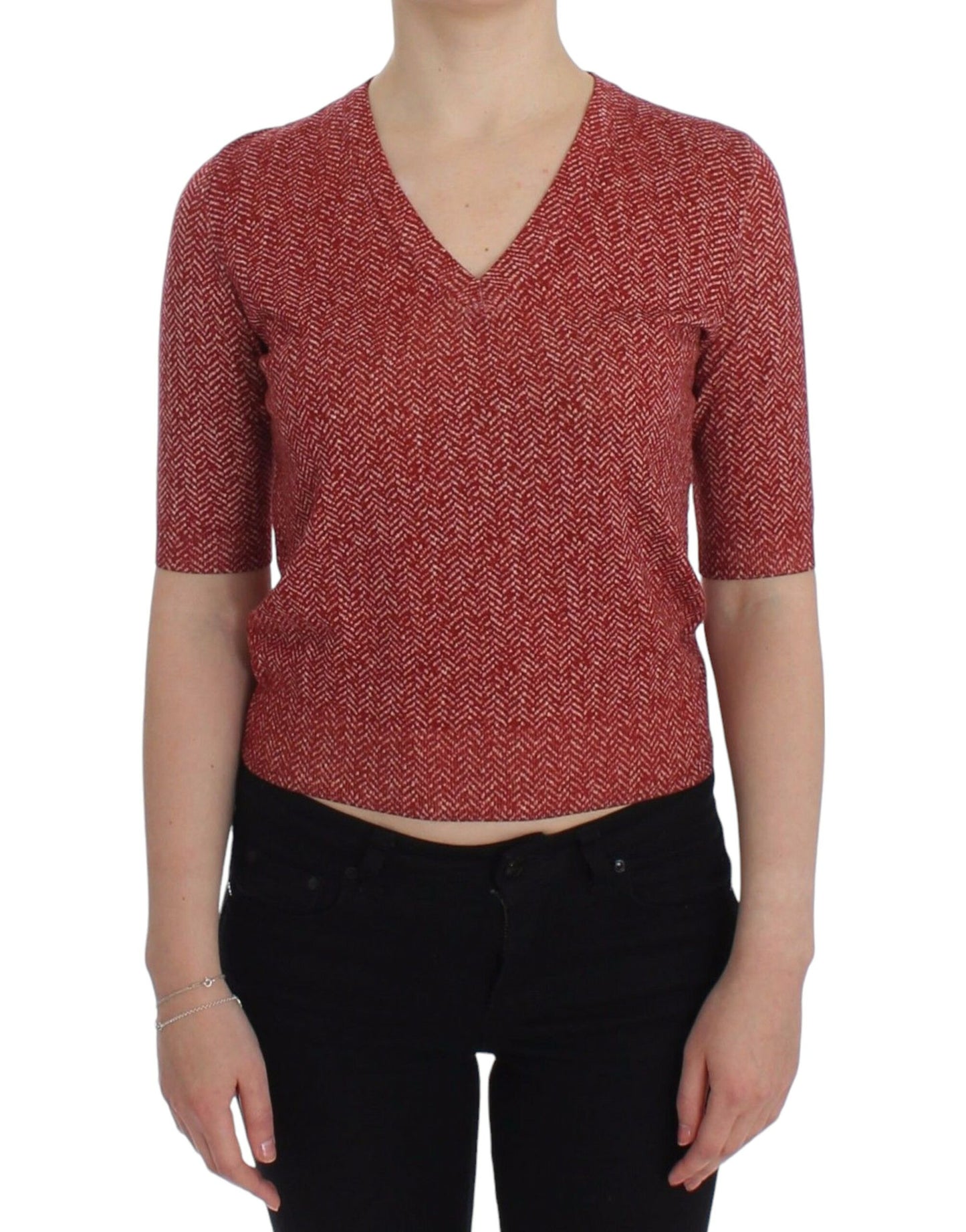 Pull à manches courtes en tweed de laine rouge Dolce &amp; Gabbana