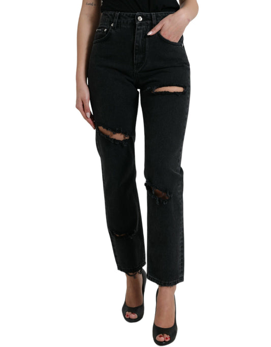 Jean en denim déchiré taille haute en coton noir Dolce &amp; Gabbana