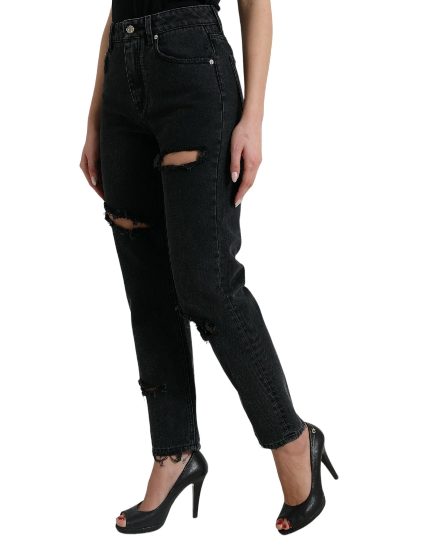 Jean en denim déchiré taille haute en coton noir Dolce &amp; Gabbana