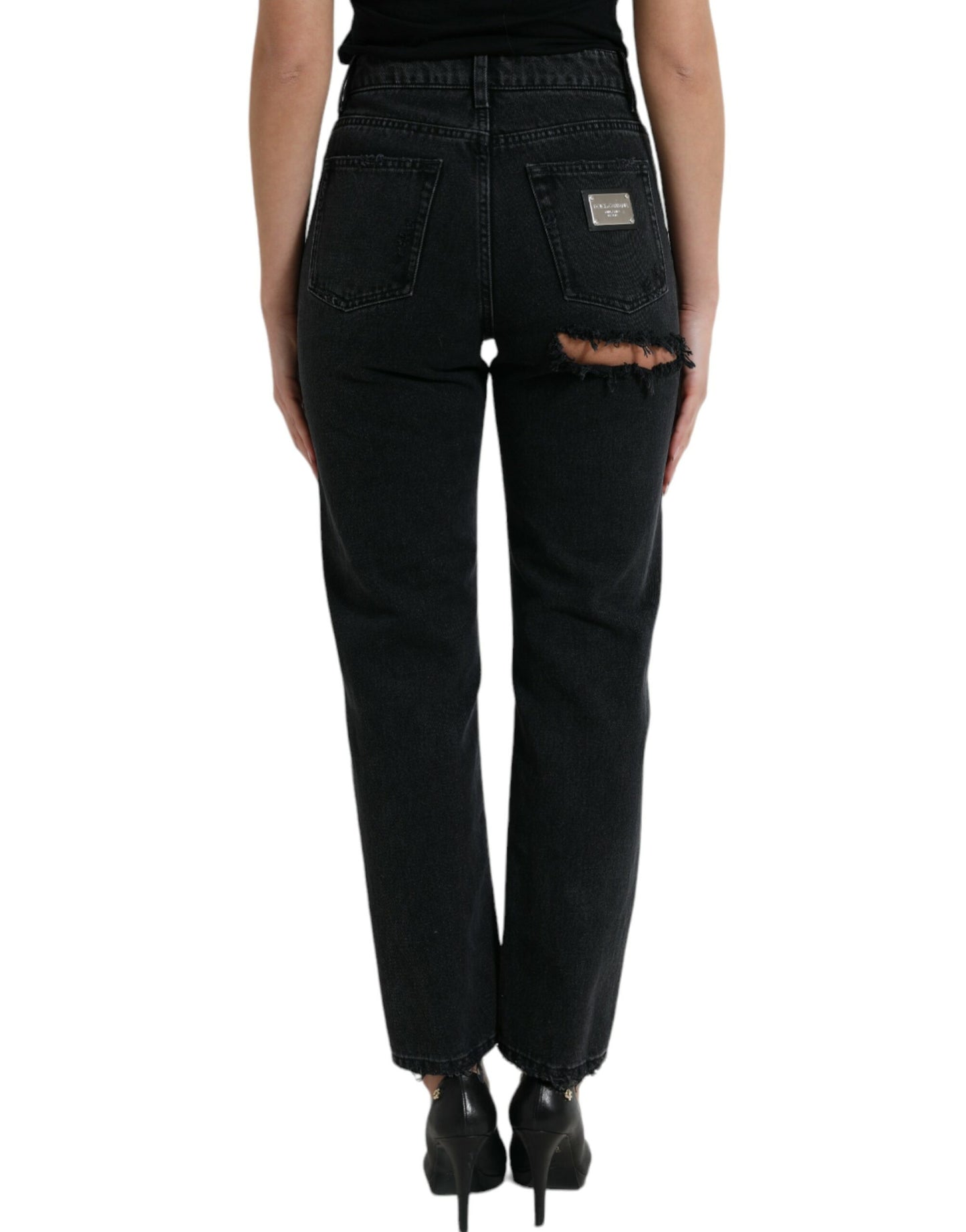 Jean en denim déchiré taille haute en coton noir Dolce &amp; Gabbana